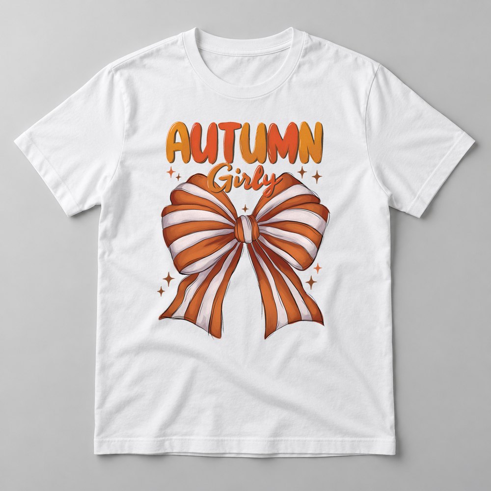 Autumn Girly Bow pressed on a White tee