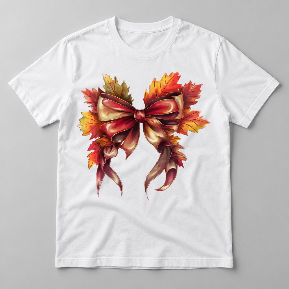Autumn Leaf Bow pressed on a White tee