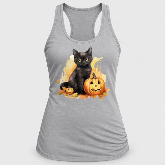 Black Cat Jack-o-Lantern racerback tank in Silver