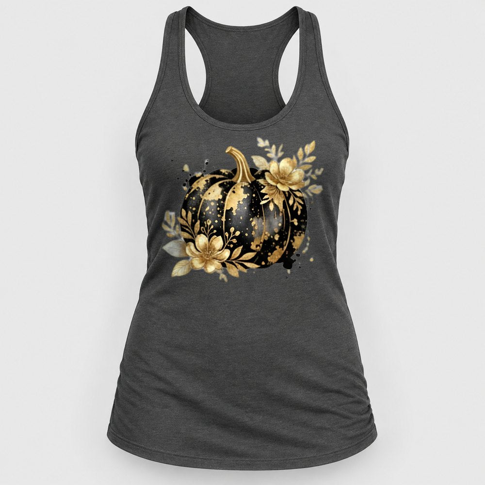 Black & Gold Floral Pumpkin Racerback Tank