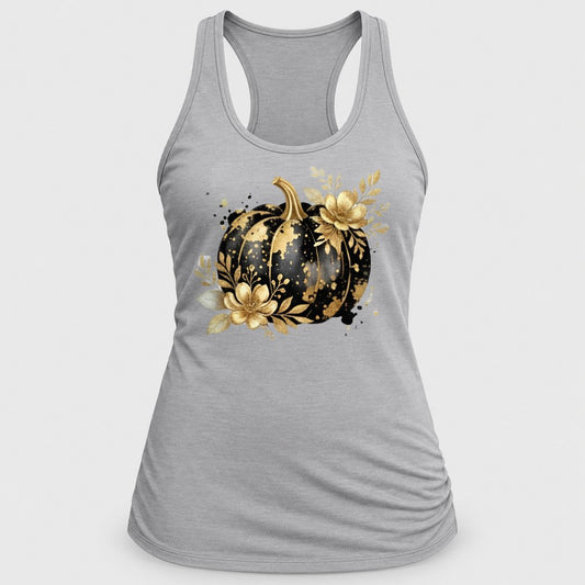 Black & Gold Floral Pumpkin racerback tank in Silver