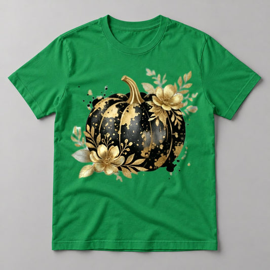 Black & Gold Floral Pumpkin tee in Kelly Green