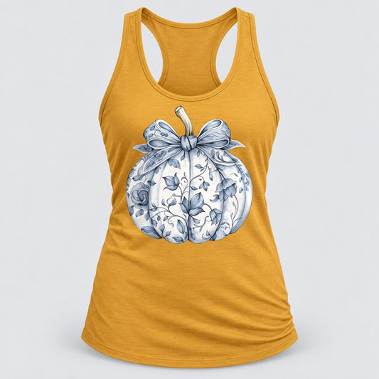 Blue Toile Pumpkin racerback tank in Antique Gold