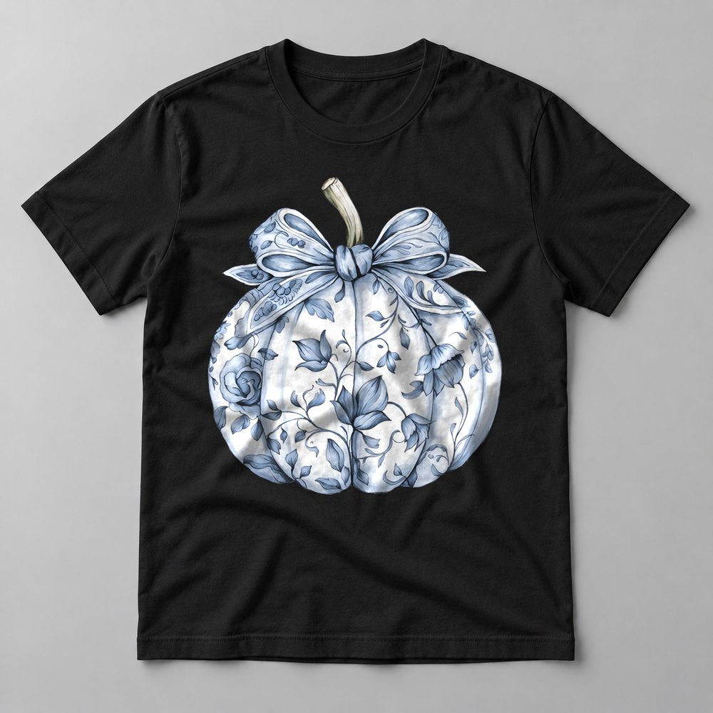 Blue Toile Pumpkin pressed on a Black tee