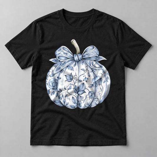 Blue Toile Pumpkin pressed on a Black tee