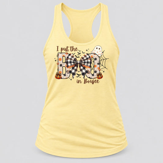 Boo in Bowjee racerback tank in Banana Cream
