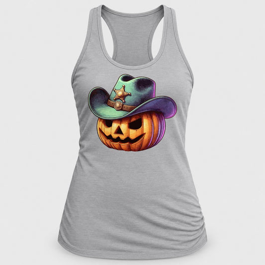 Cowboy Jack-o-Lantern racerback tank in Silver