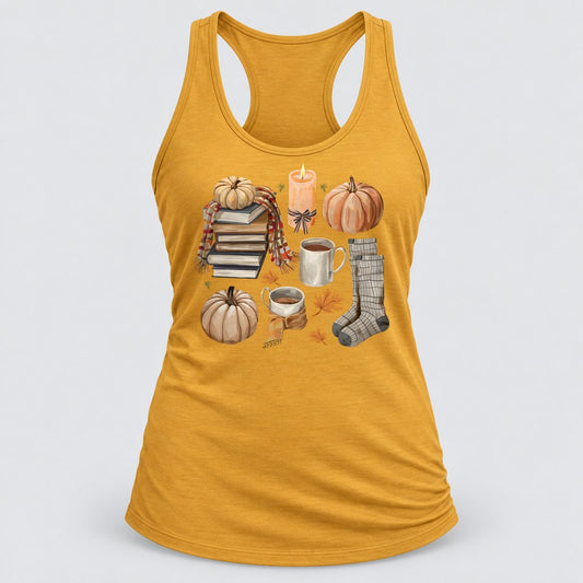 Cozy Books & Candles racerback tank in Antique Gold