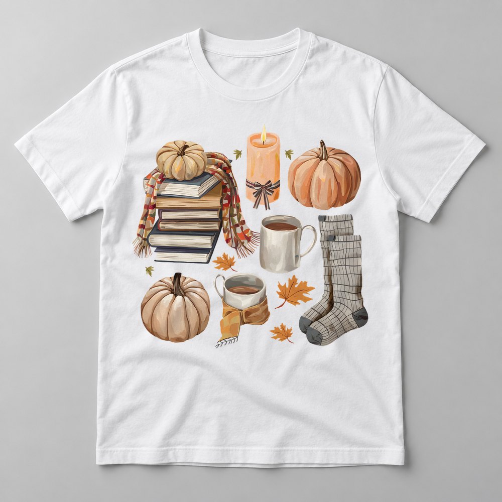 Cozy Books & Candles pressed on a White tee