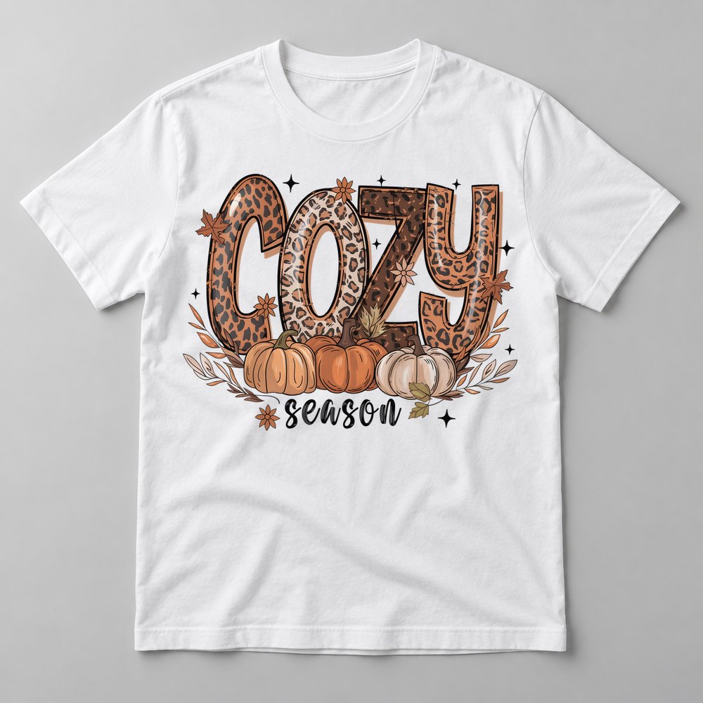 Cozy Season Leopard pressed on a White tee