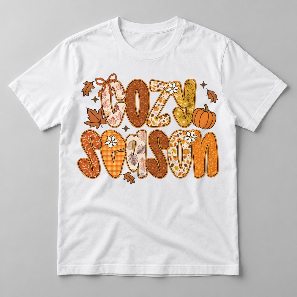 Cozy Season Orange pressed on a White tee
