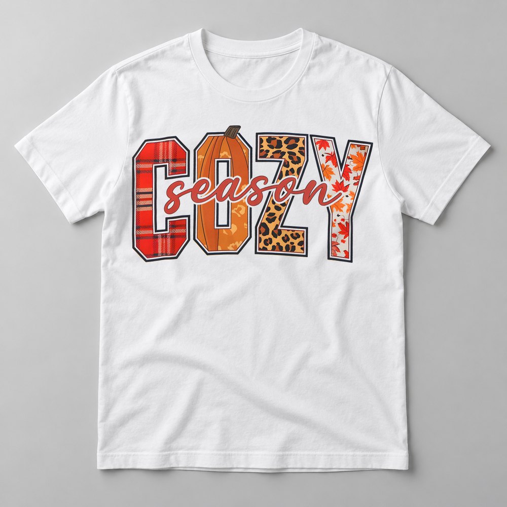 Cozy Season Plaid & Leopard pressed on a White tee