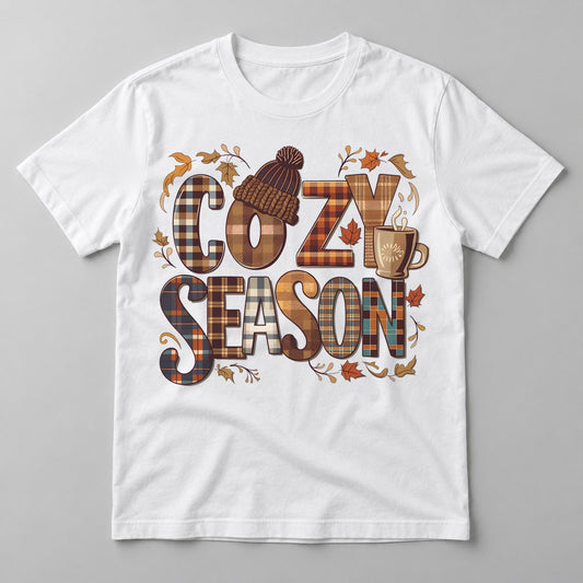Cozy Season Plaid pressed on a White tee