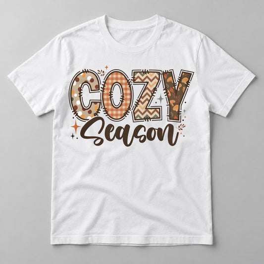 Cozy Season Retro pressed on a White tee
