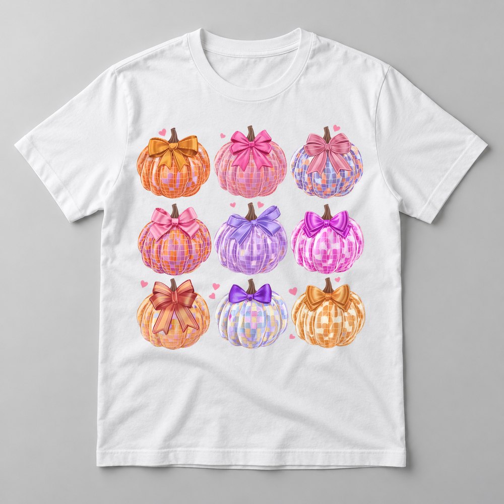 Disco Pumpkins Collage pressed on a White tee