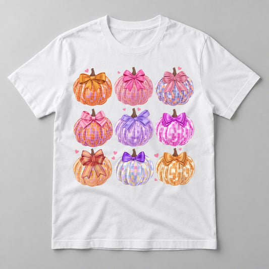 Disco Pumpkins Collage pressed on a White tee