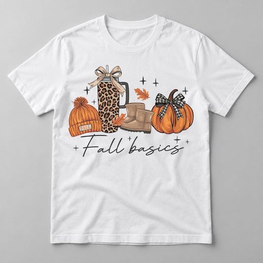 Fall Basics Leopard Tumbler pressed on a White tee