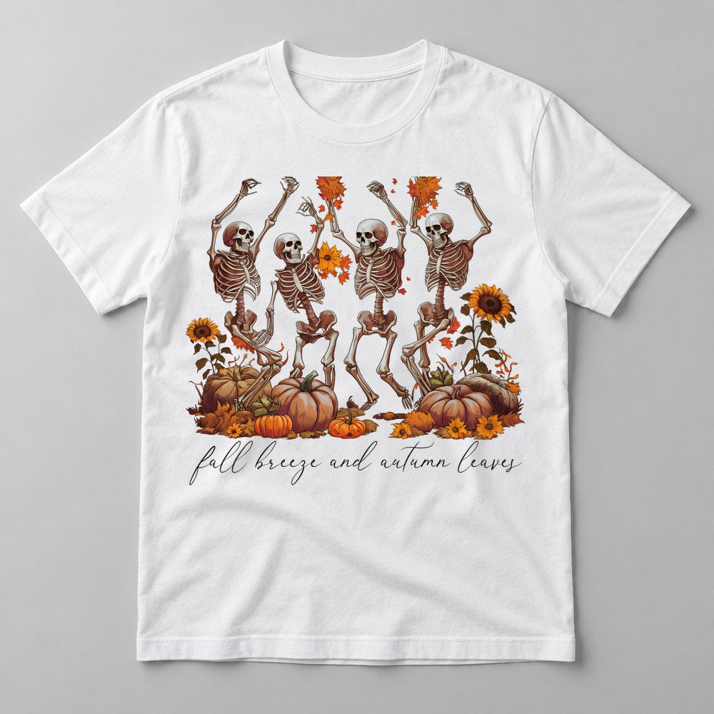 Fall Breeze Dancing Skeletons pressed on a White tee