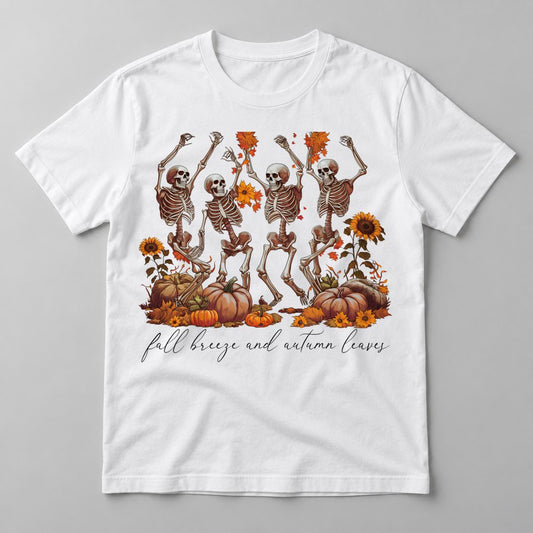 Fall Breeze Dancing Skeletons pressed on a White tee