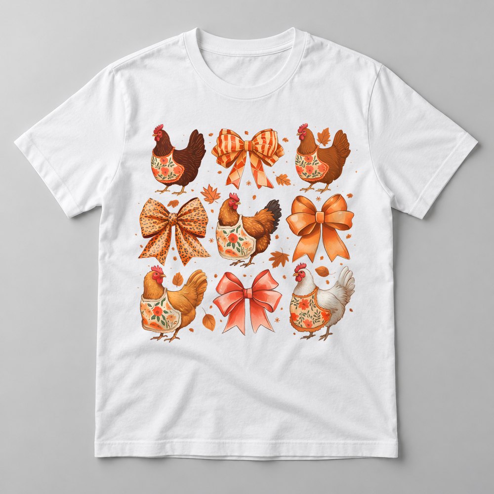 Fall Chickens & Bows pressed on a White tee