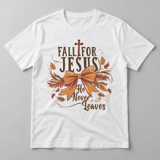 Fall for Jesus Bow pressed on a White tee