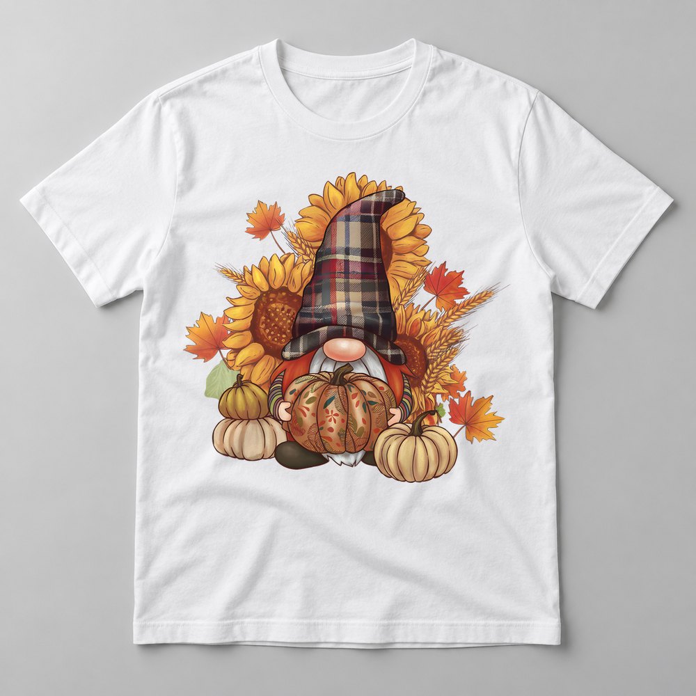Fall Gnome pressed on a White tee