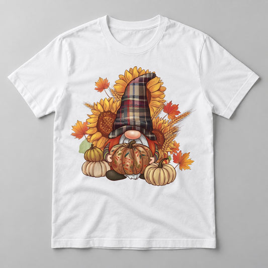 Fall Gnome pressed on a White tee