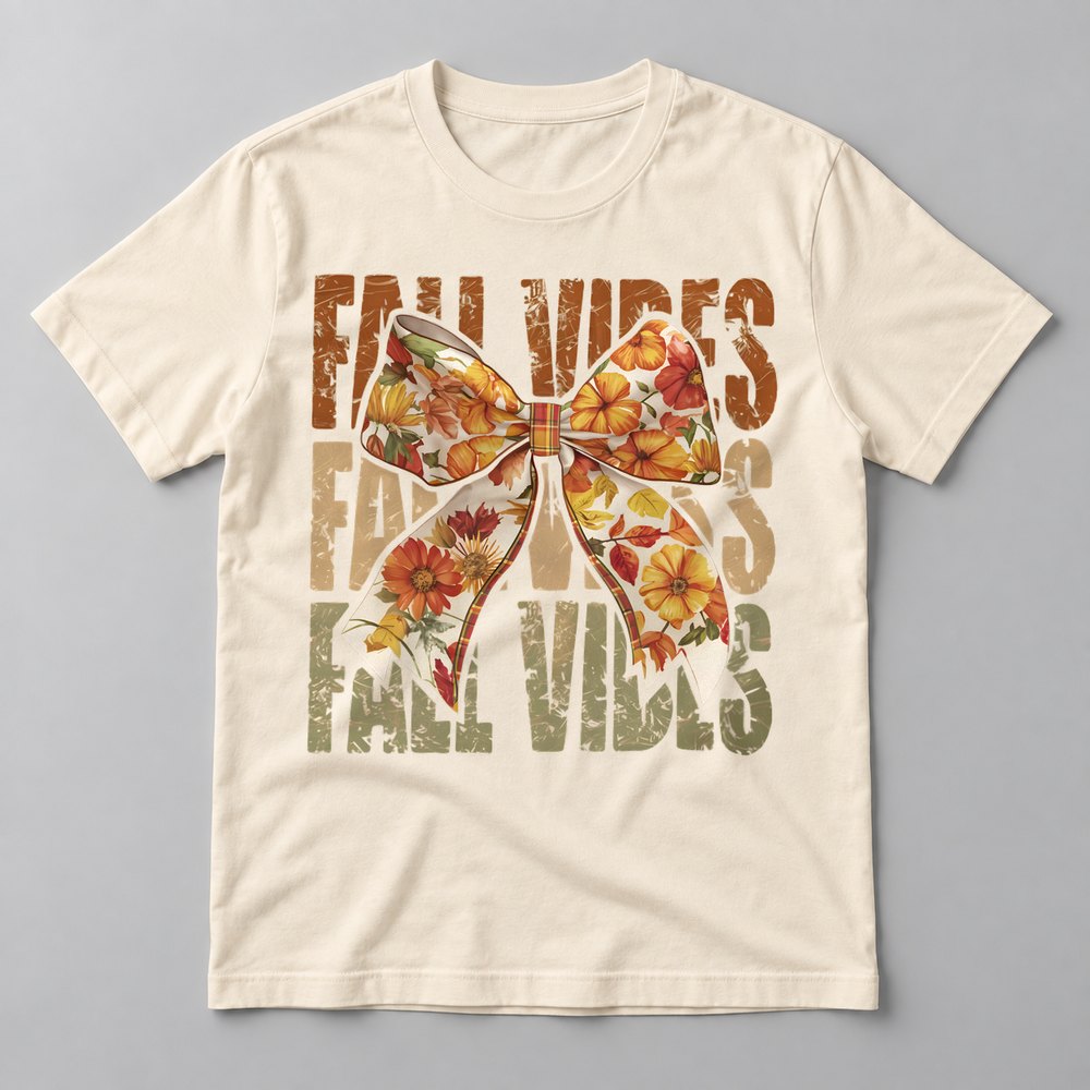 Fall Vibes Floral Bow Olive tee in Natural