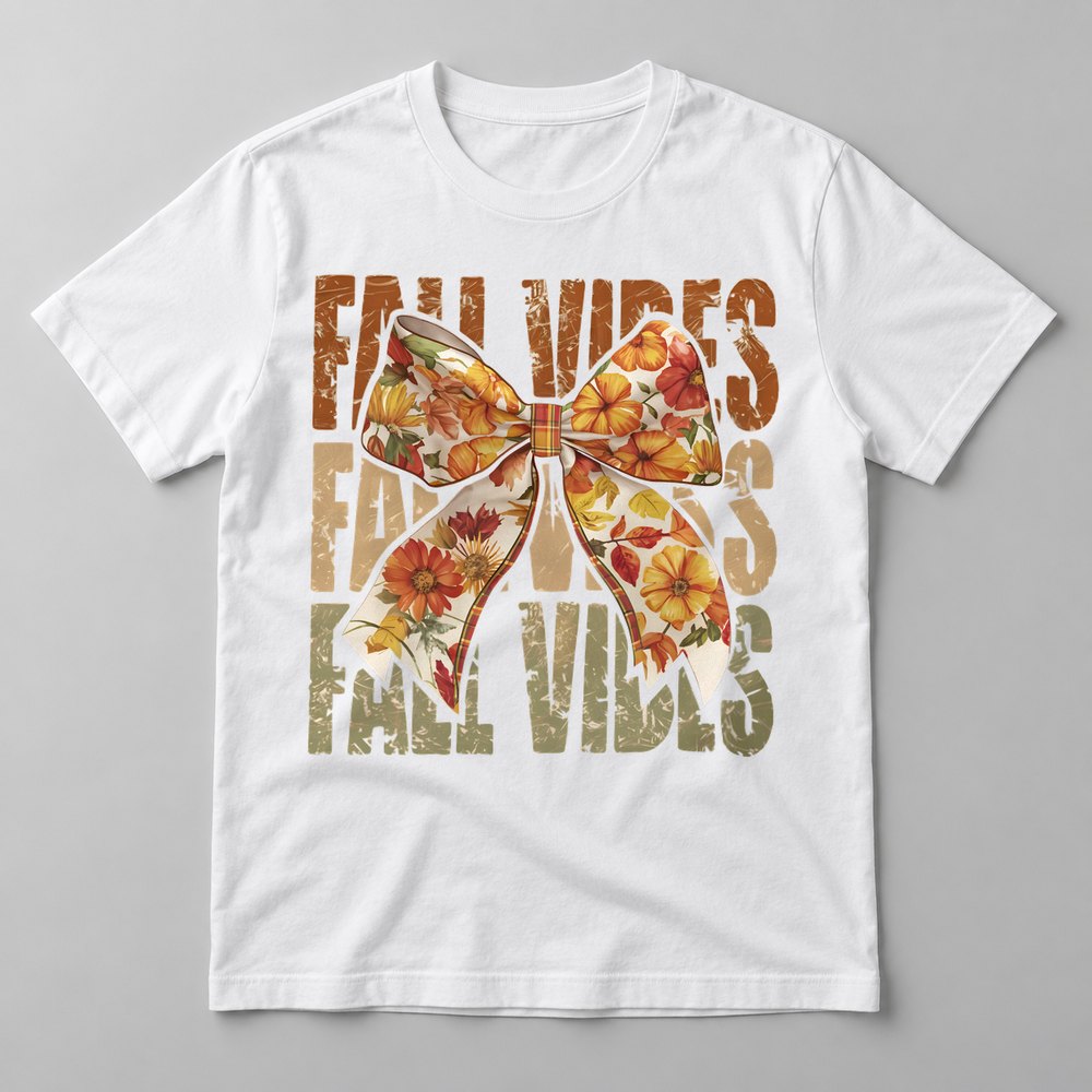 Fall Vibes Floral Bow Olive pressed on a White tee