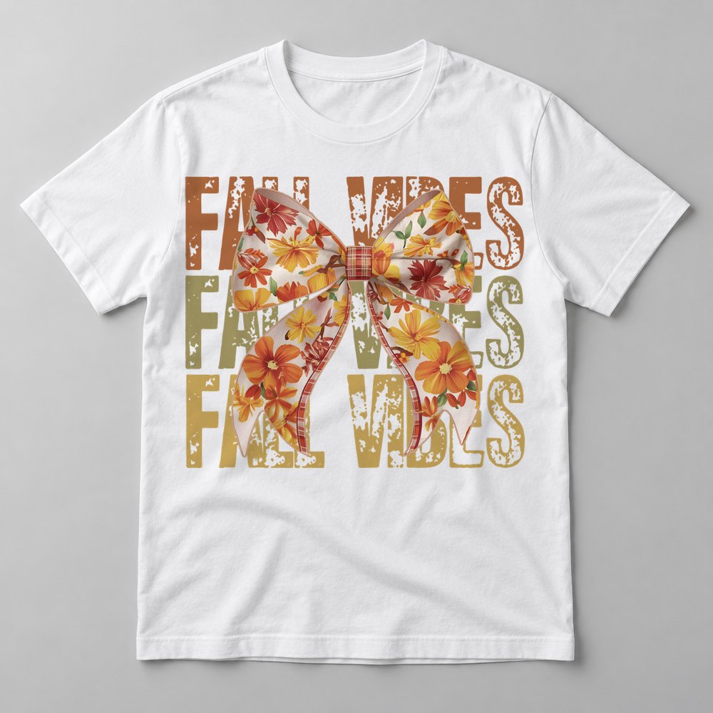 Fall Vibes Floral Bow Rose pressed on a White tee