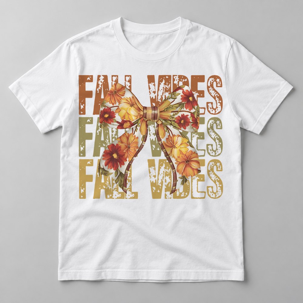 Fall Vibes Floral Bow Rust pressed on a White tee