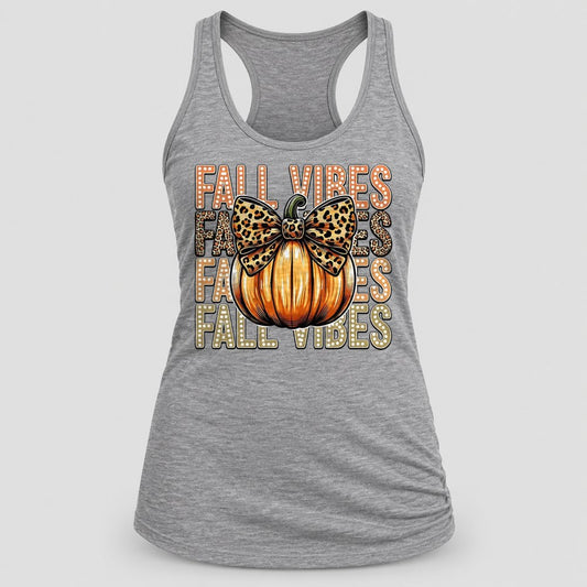 Fall Vibes Leopard Bow racerback tank in Heather Grey