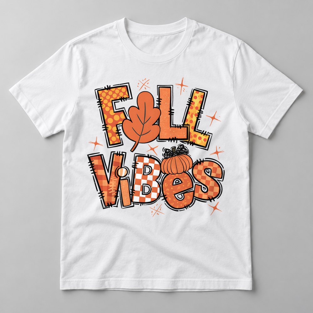 Fall Vibes Retro pressed on a White tee