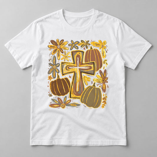Floral Cross Pumpkins pressed on a White tee