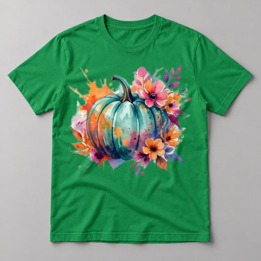 Floral Splash Teal Pumpkin tee in Kelly Green