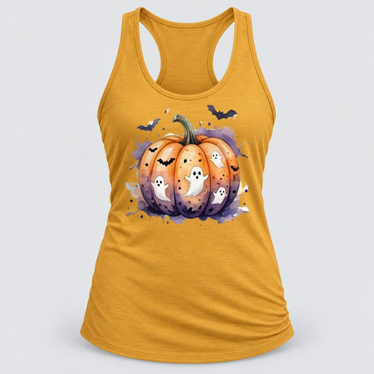 Ghostly Watercolor Pumpkin racerback tank in Antique Gold