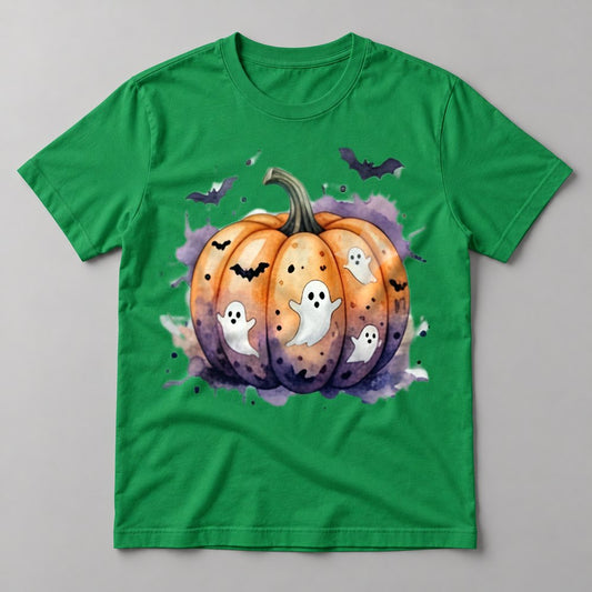 Ghostly Watercolor Pumpkin tee in Kelly Green