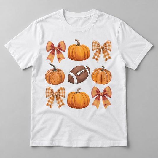 Gingham Bows & Football pressed on a White tee