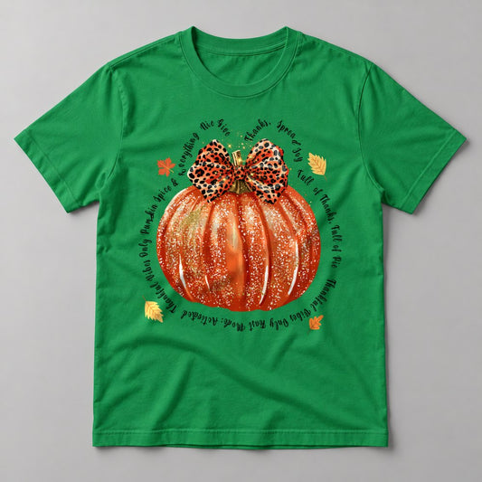 Give Thanks Glitter Pumpkin tee in Kelly Green