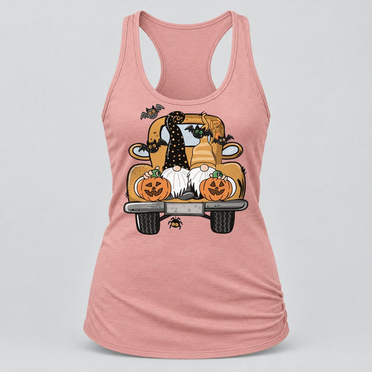 Gnome Halloween Truck racerback tank in Desert Pink