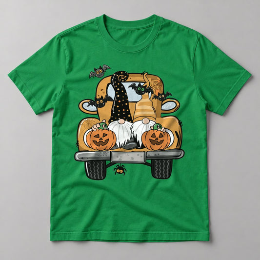 Gnome Halloween Truck tee in Kelly Green