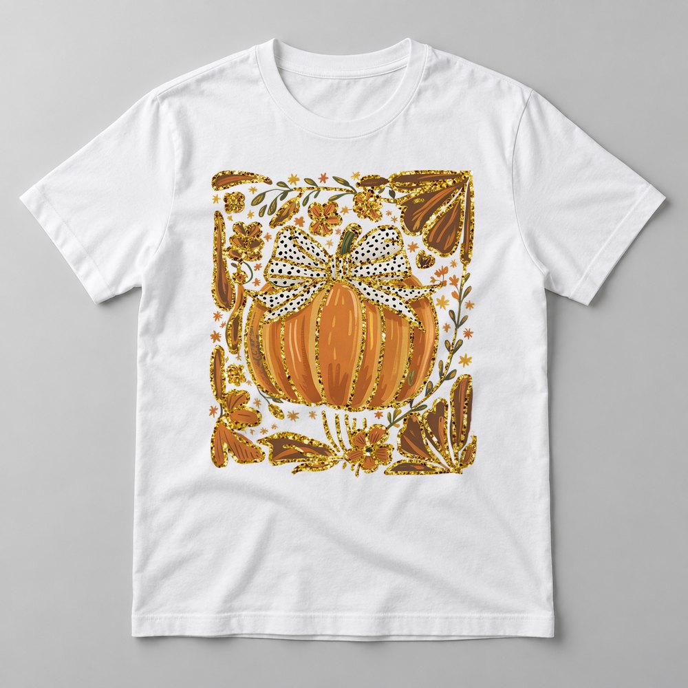 Gold Pumpkin Frame pressed on a White tee
