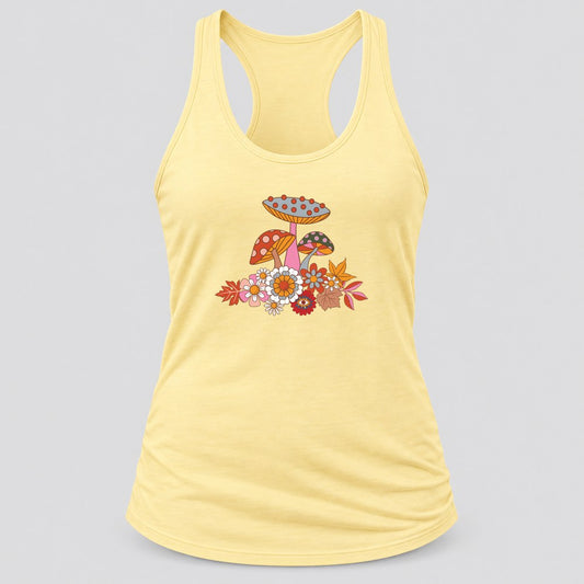 Groovy Mushroom Bouquet racerback tank in Banana Cream