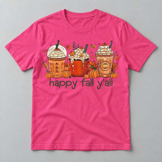 Happy Fall Y'all Lattes tee in Hot Pink