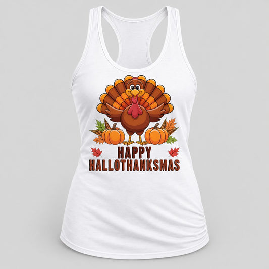 Happy Hallothanksmas racerback tank in White