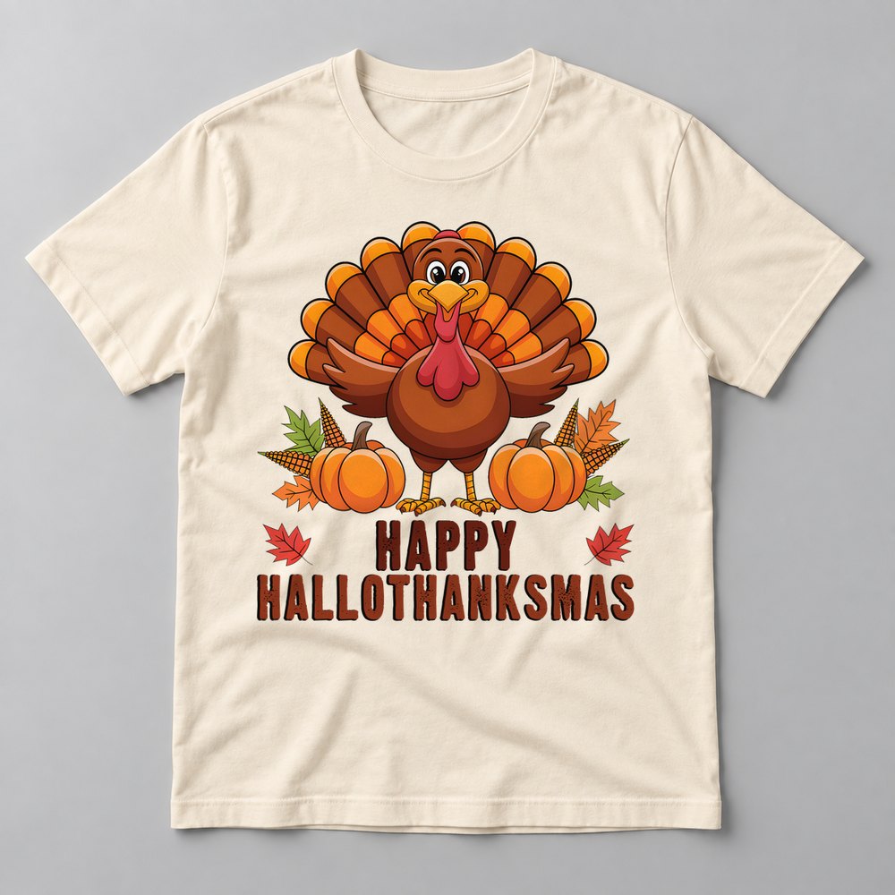 Happy Hallothanksmas tee in Natural