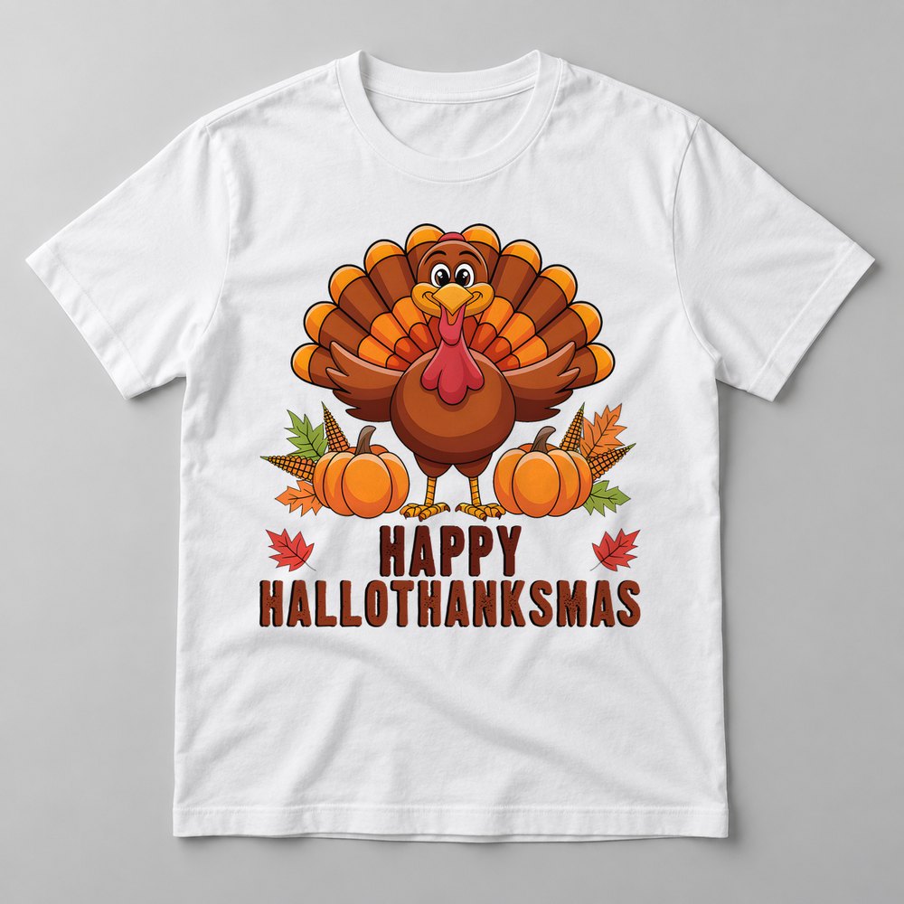 Happy Hallothanksmas pressed on a White tee
