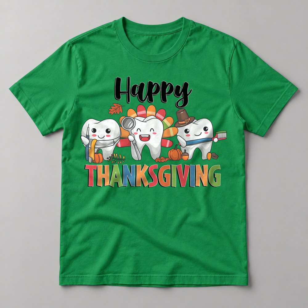 Happy Thanksgiving Teeth pressed on a Kelly Green tee