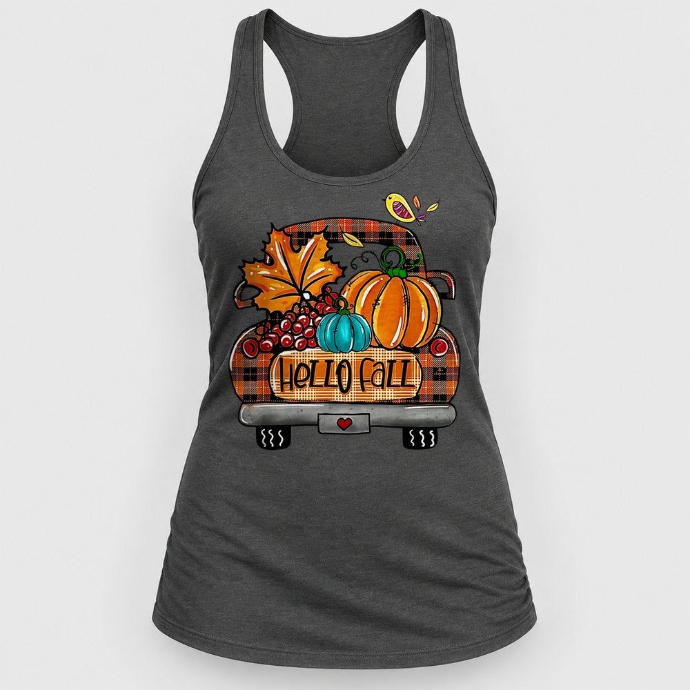 Hello Fall Plaid Truck Racerback Tank