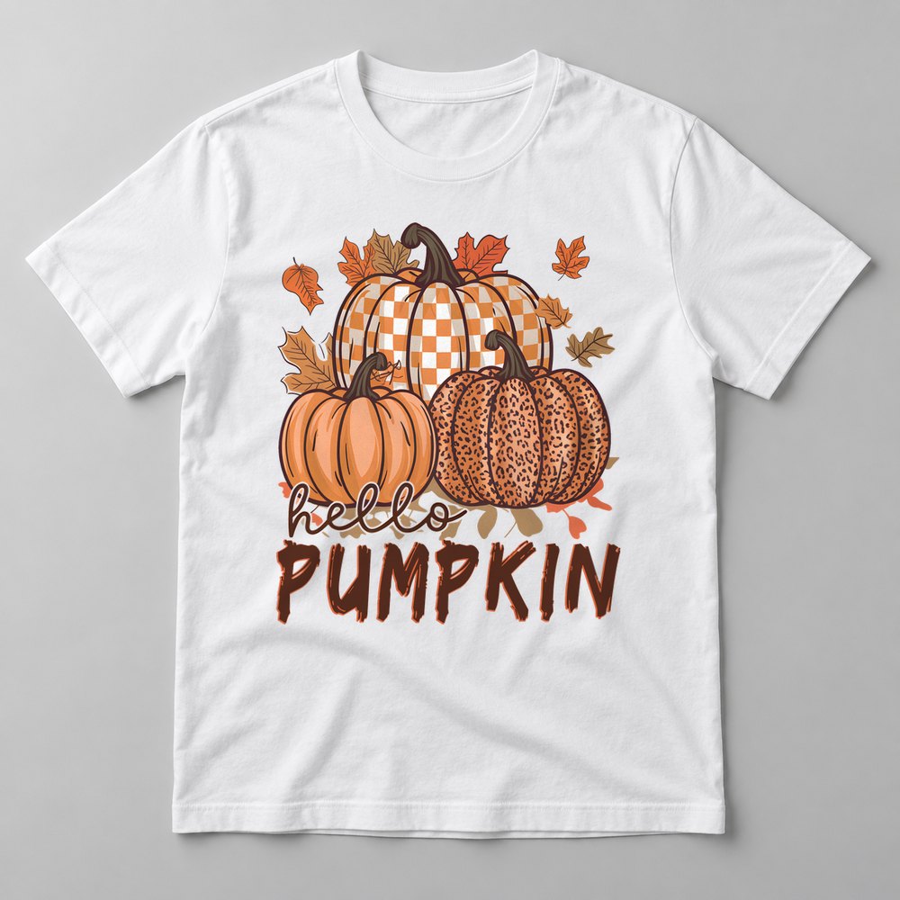 Hello Pumpkin Leopard pressed on a White tee